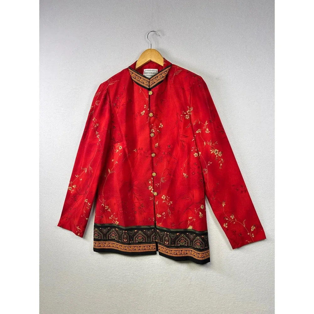 Karin Stevens Red Floral Mandarin Collar Jacket‎ Women's Size 12T